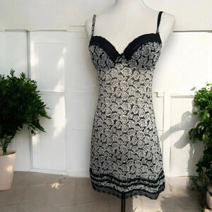 Y2K Black and White Floral  Lace Slip Dress Goth Whimsy Fairycore Sheer S